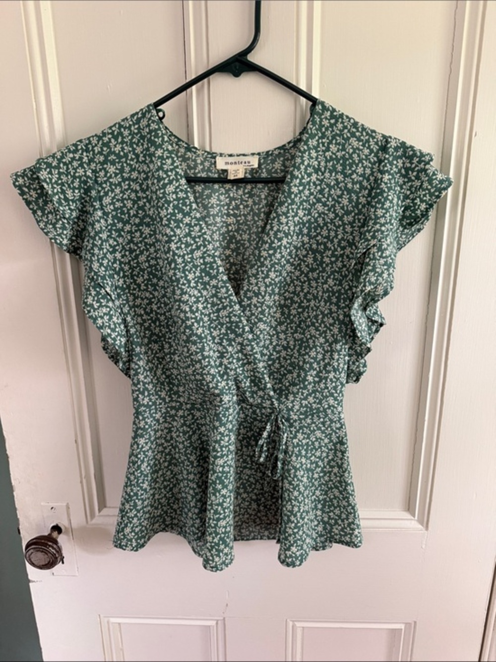 Monteau Teal Green Floral Wrap Peplum Blouse